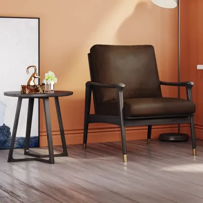 Mid-Century Modern Genuine Leather Arm Chair Living Room Image - 5