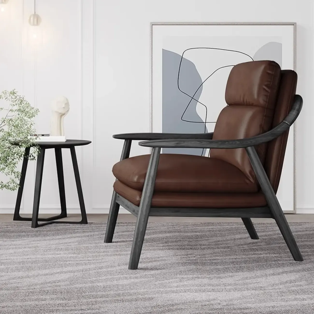 Brown Genuine Leather Living Room Upholstered Arm Chair Image - 4