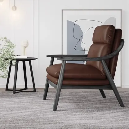 Brown Genuine Leather Living Room Upholstered Arm Chair Image - 4