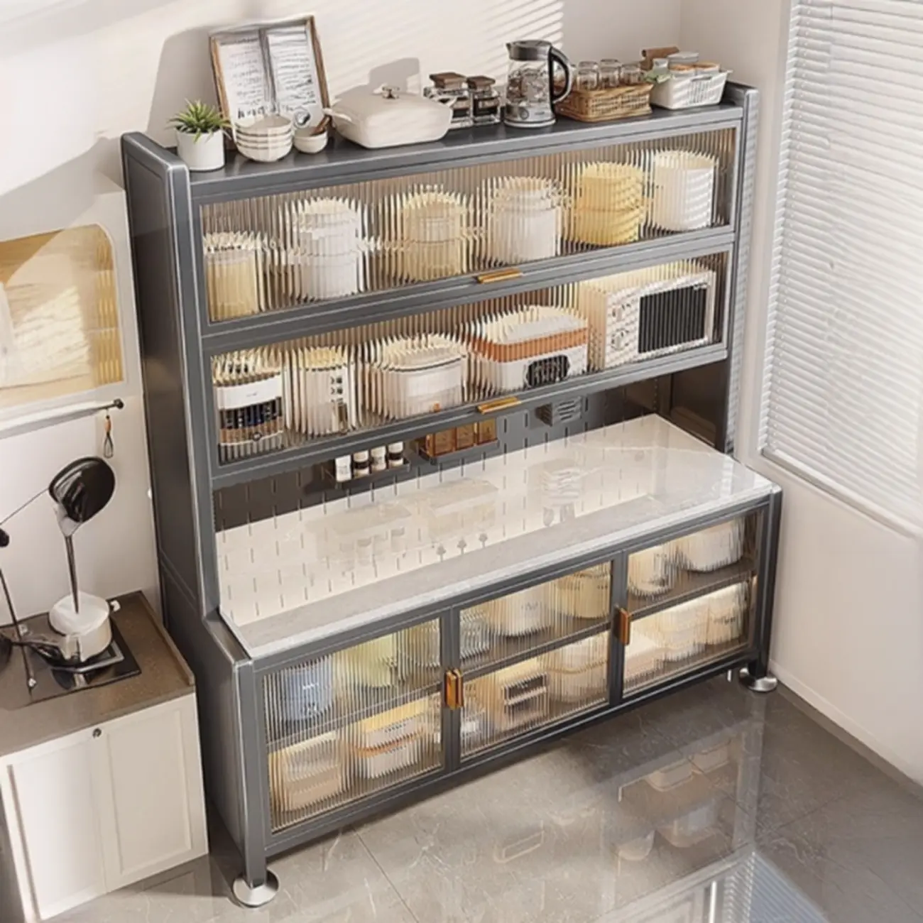 Modern Metal Buffet with Stone Countertop Narrow Design Image - 1 | homeyfad