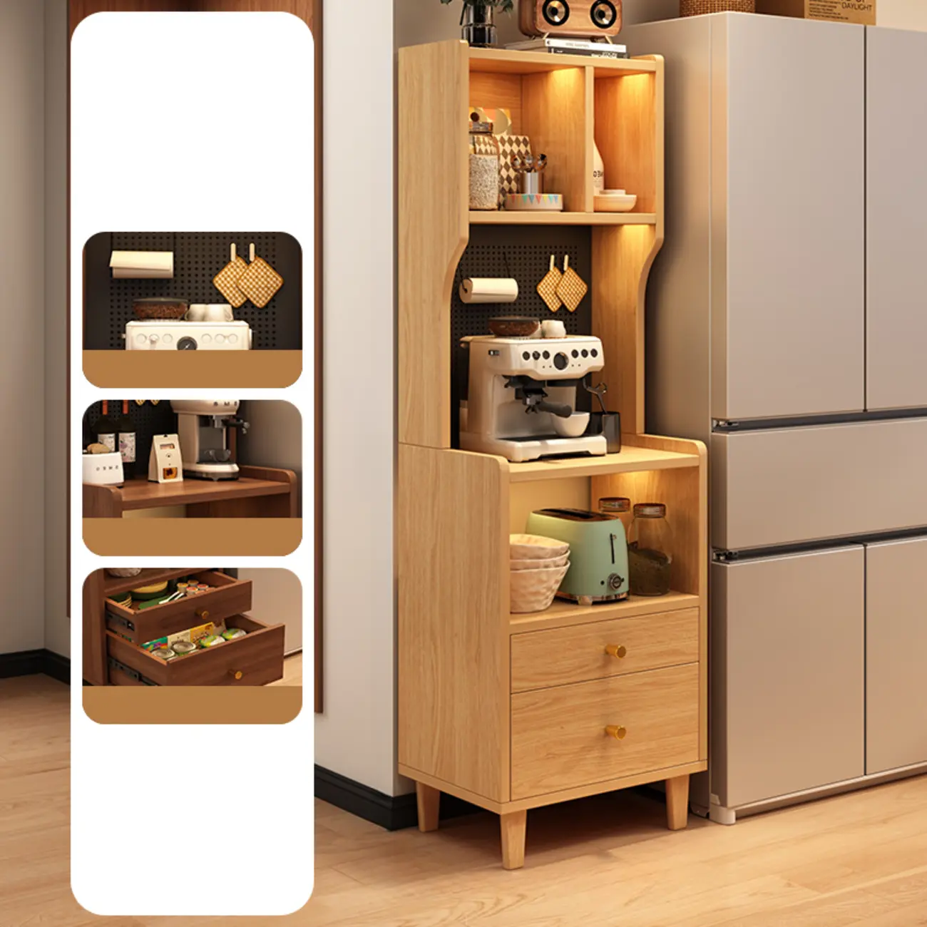 Modern Wood Narrow Sideboard with Drawers Shelves Image - 5 | homeyfad