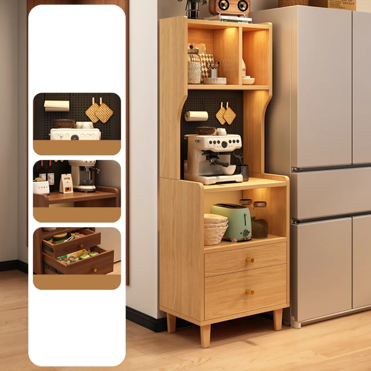 Modern Wood Narrow Sideboard with Drawers Shelves Image - 7