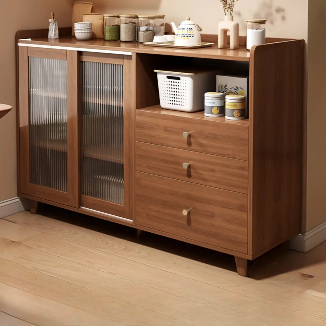Modern Wood Sideboard with Sliding Doors & Drawers Image - 2