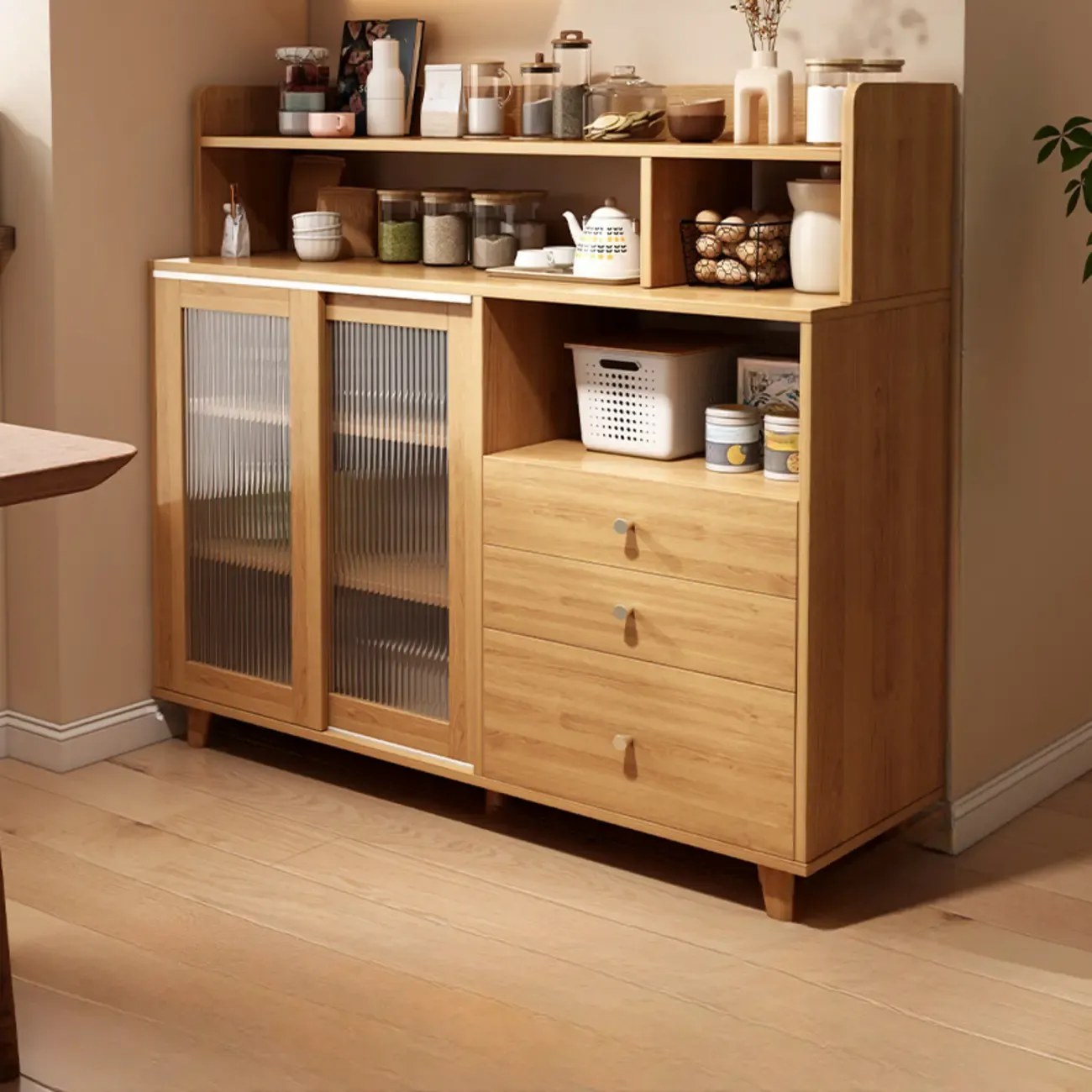 Modern Wood Sideboard with Sliding Doors & Drawers Image - 4