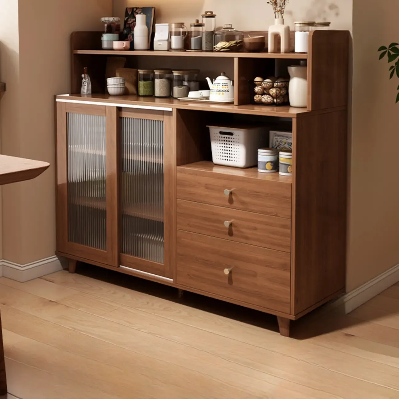 Modern Wood Sideboard with Sliding Doors & Drawers Image - 11