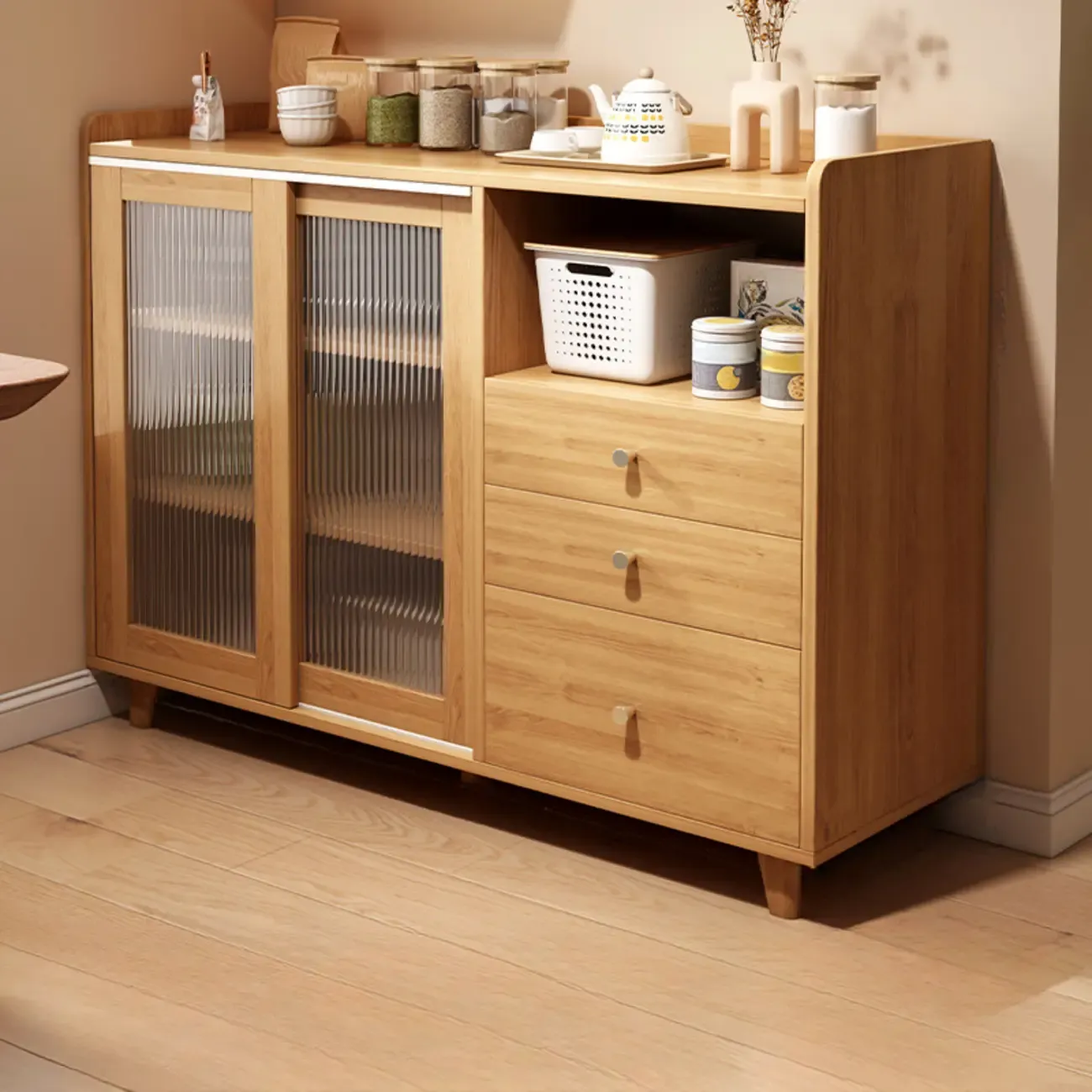 Modern Wood Sideboard with Sliding Doors & Drawers Image - 13