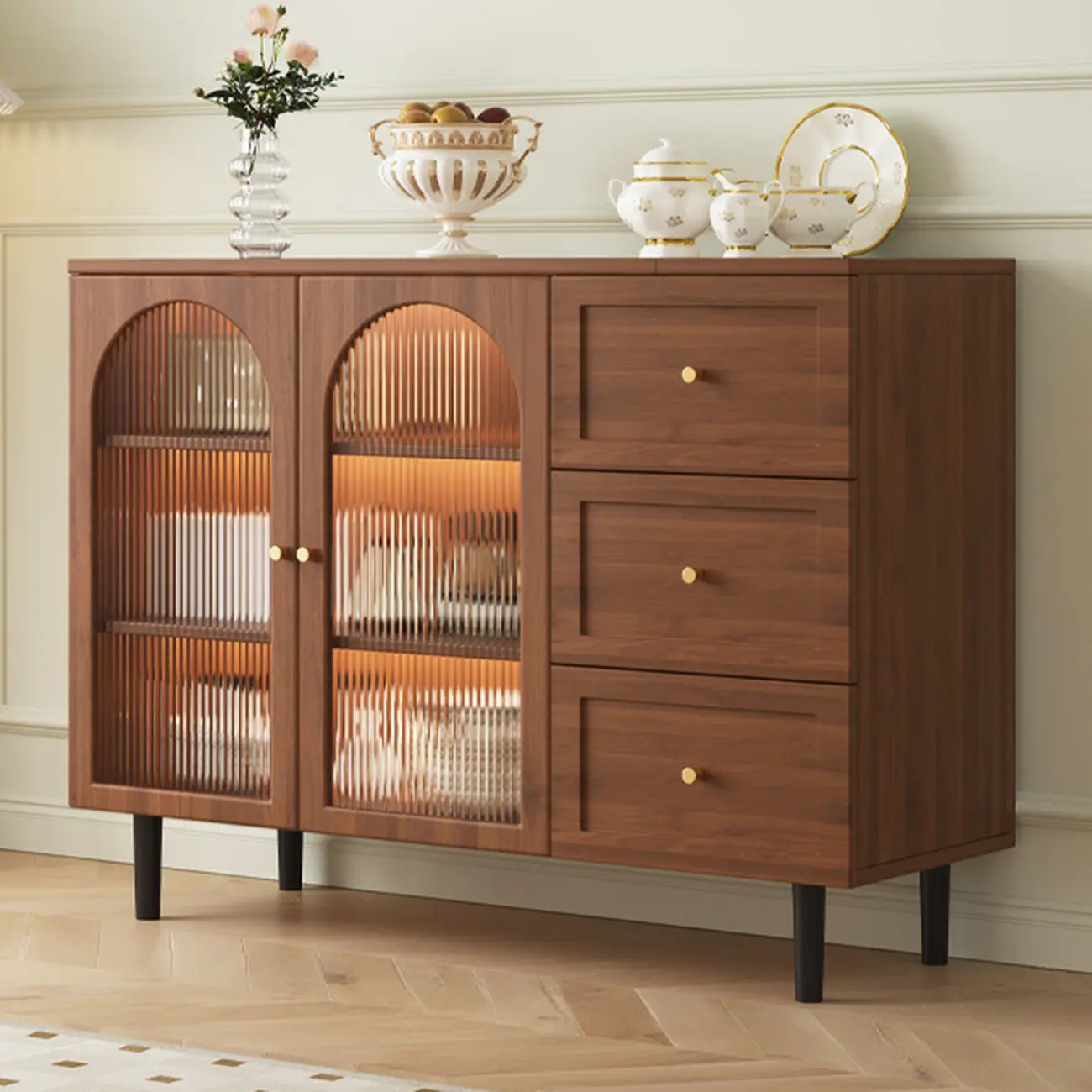 Modern Wood Buffet with Glass Doors Image - 2 | homeyfad