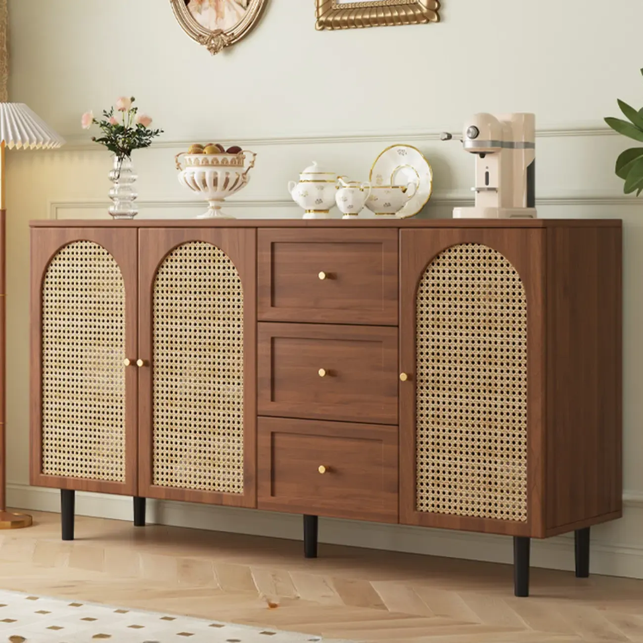 Modern Wood Buffet with Glass Doors Image - 3