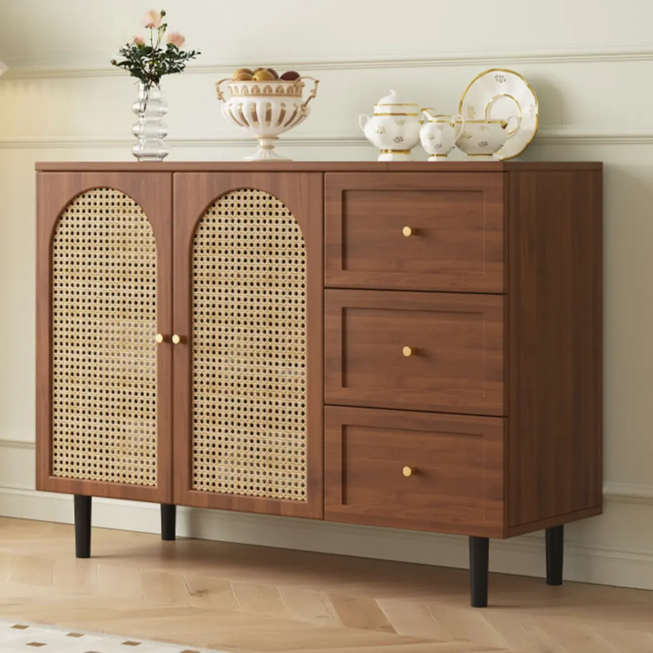 Modern Wood Buffet with Glass Doors Image - 10