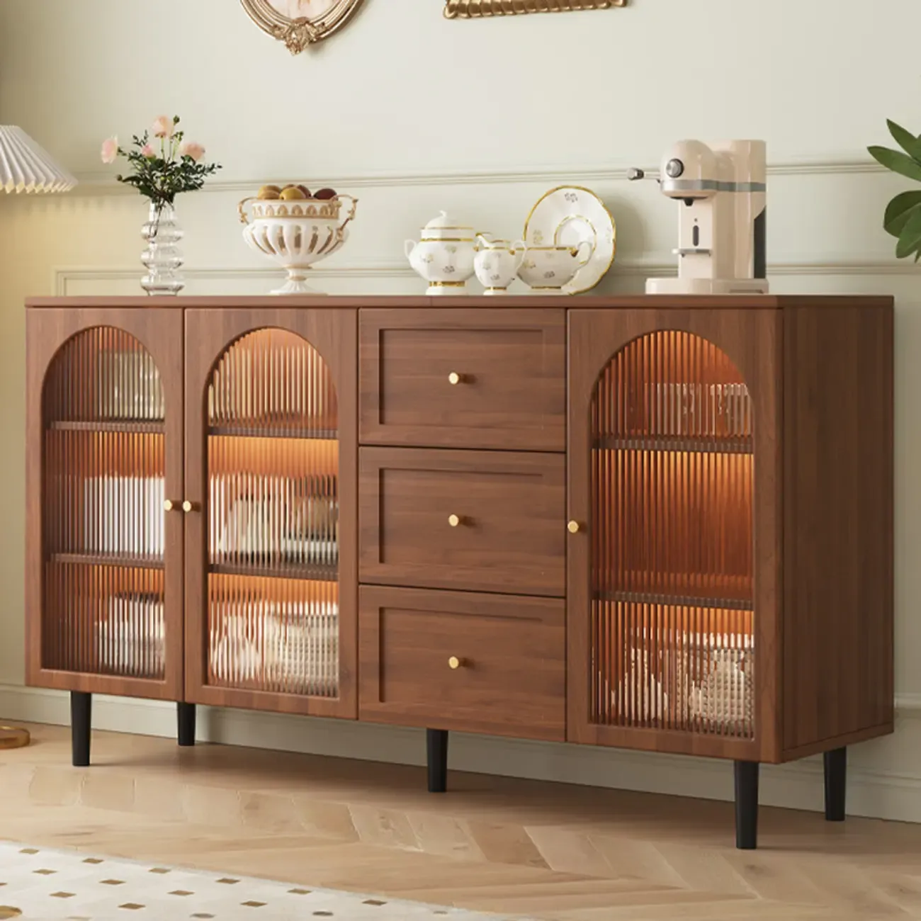 Modern Wood Buffet with Glass Doors Image - 11