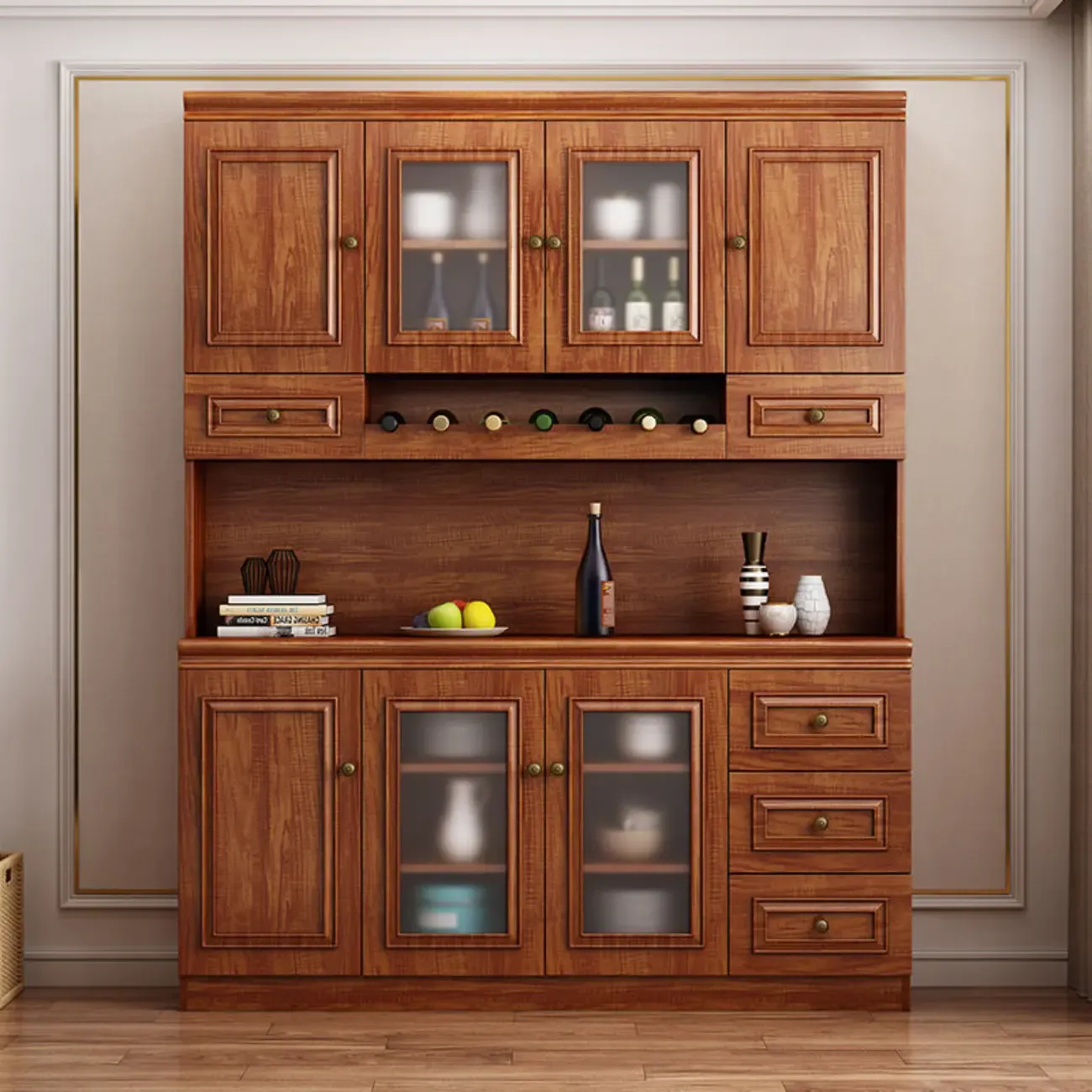 Modern Wood Buffet with Drawers and Glass Doors Image - 1
