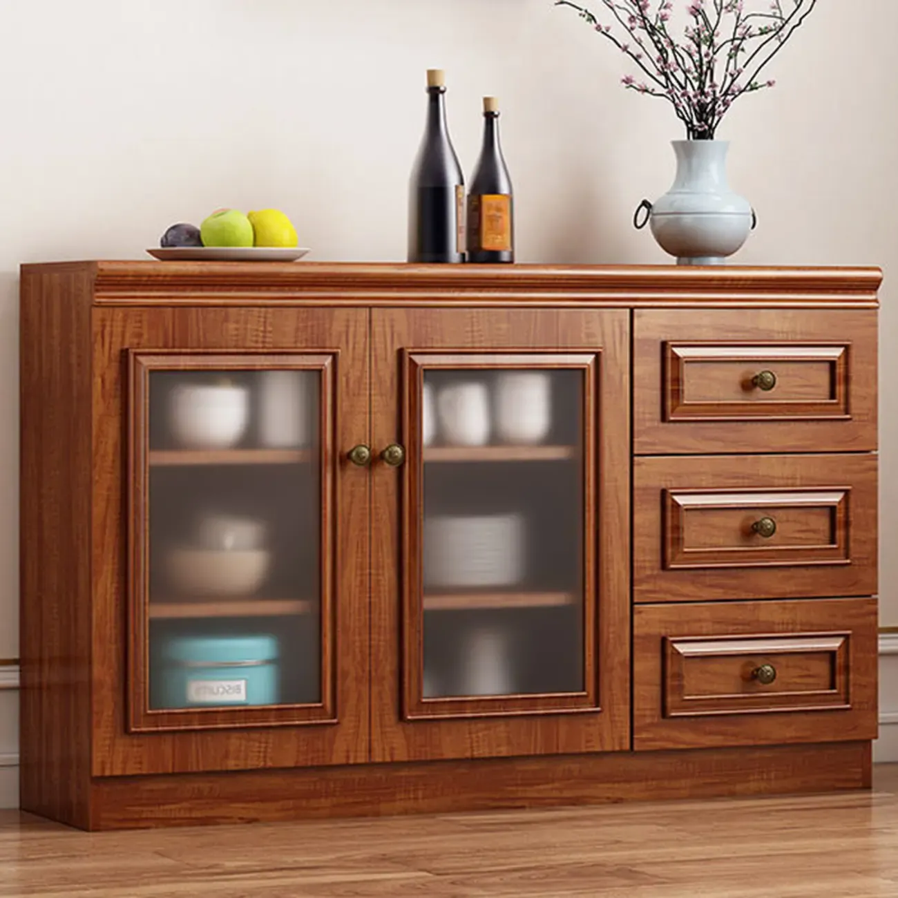 Modern Wood Buffet with Drawers and Glass Doors Image - 2
