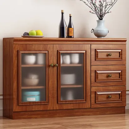 Modern Wood Buffet with Drawers and Glass Doors Image - 2
