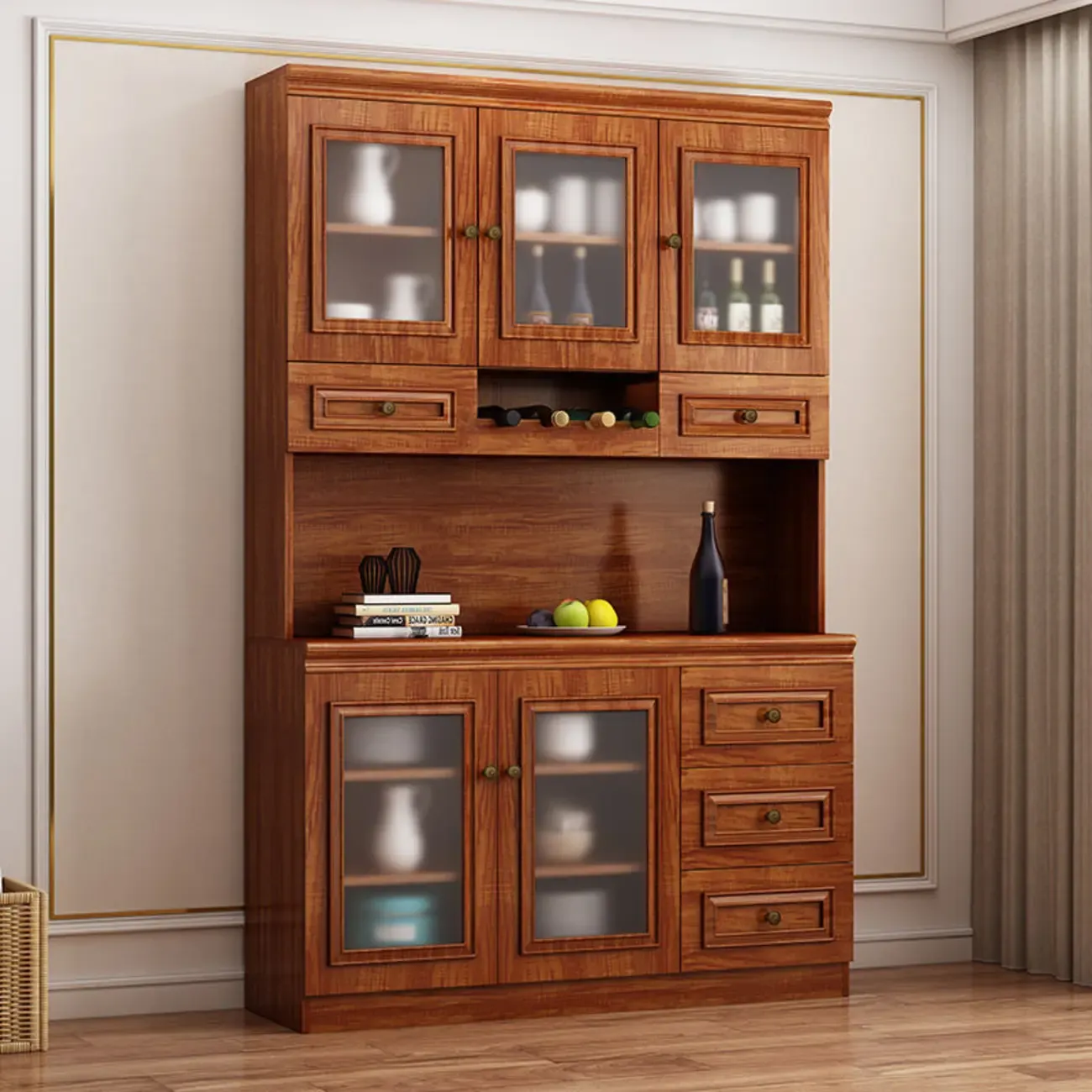 Modern Wood Buffet with Drawers and Glass Doors Image - 3