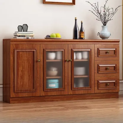 Modern Wood Buffet with Drawers and Glass Doors Image - 4
