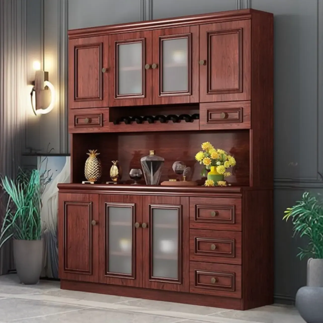 Modern Wood Buffet with Drawers and Glass Doors Image - 13