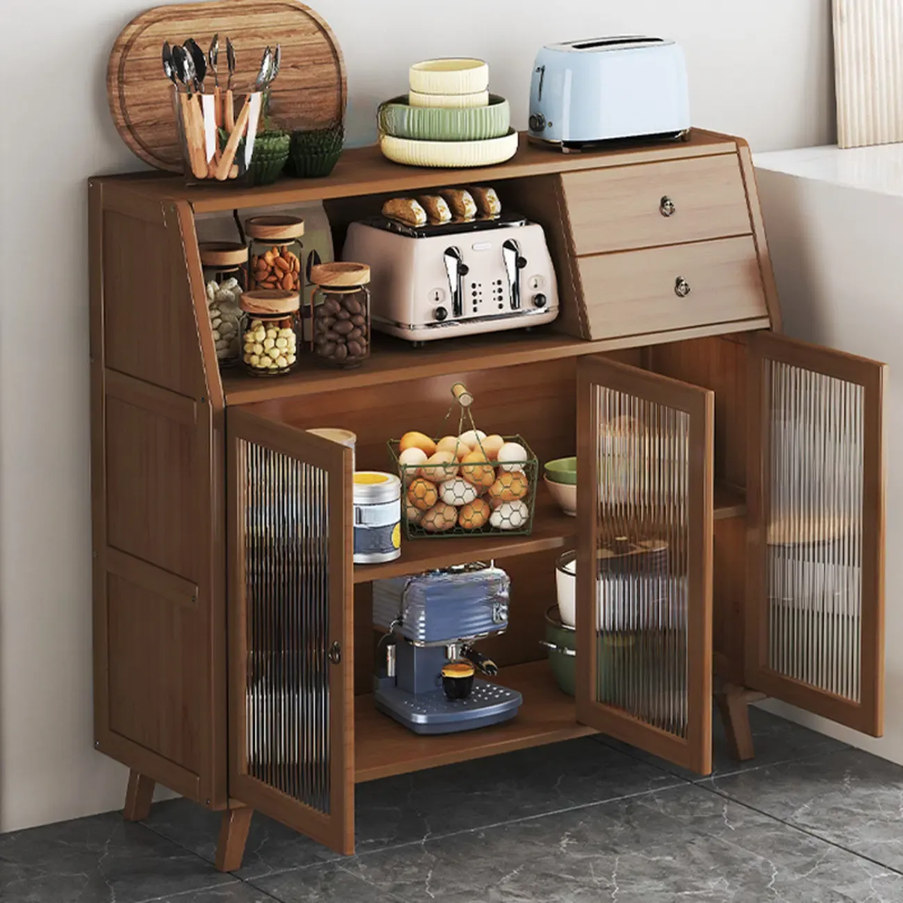 Modern Bamboo Narrow Sideboard with Drawers Image - 4