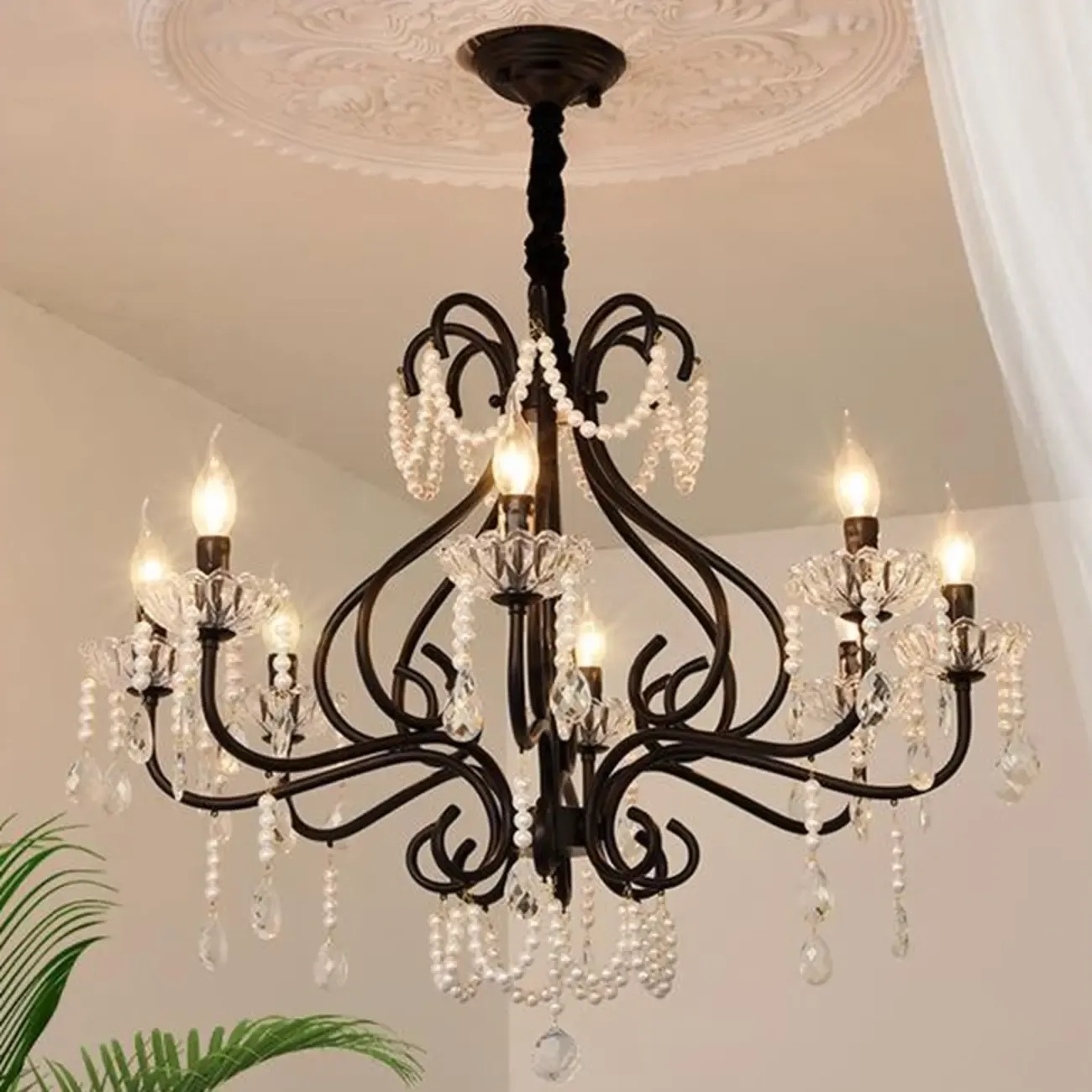 Vintage Black Crystal Beaded Candelabra Chandelier Image - 4