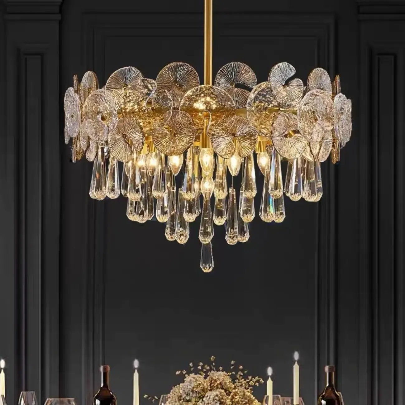 Gold Crystal Glass Floral Modern Chandelier Light Image - 1