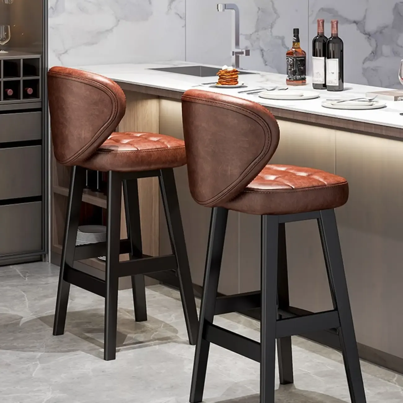 Casual Rawhide Bar Stools in Cognac with Back Quadrilateral Seat and Leg Rest Image - 1
