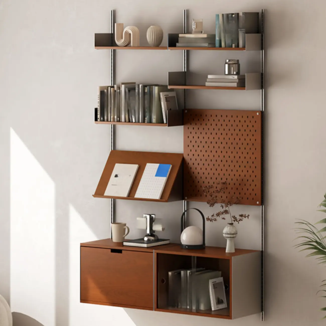 Modern Walnut Wood Wall-mounted Bookshelf Vertical Organize Unit Image - 1 | homeyfad