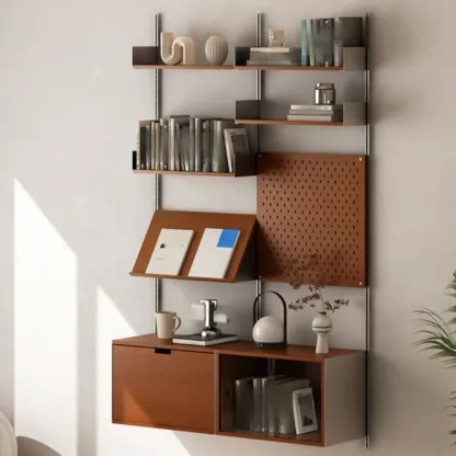 Modern Walnut Wood Wall-mounted Bookshelf Vertical Organize Unit Image - 1