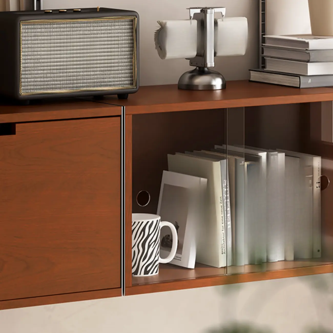 Modern Walnut Wood Wall-mounted Bookshelf Vertical Organize Unit Image - 5 | homeyfad