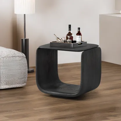 Modern Pedestal Wood Black Side Table Image - 3