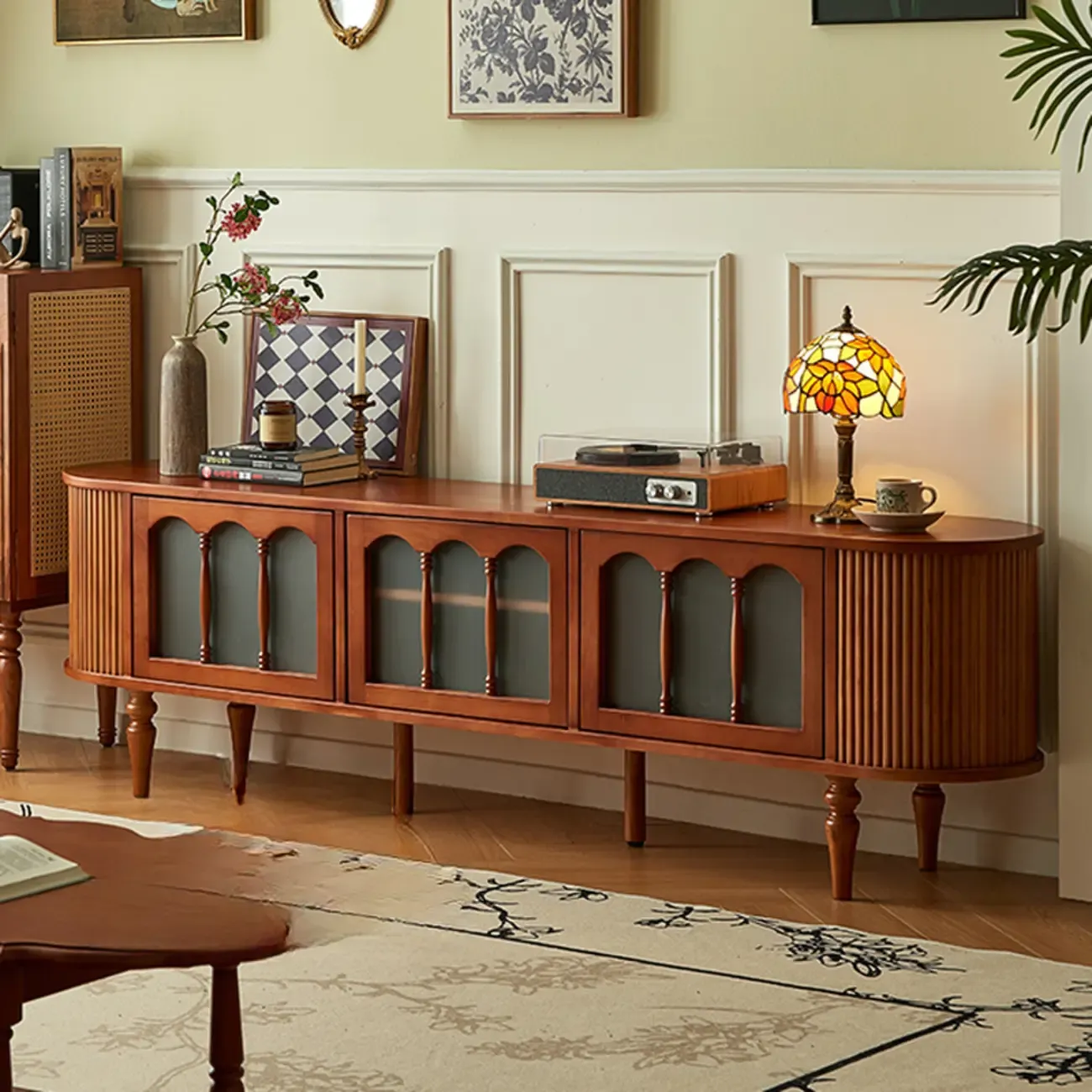 Art Deco Modern Wood TV Stand with Cable Management Image - 5