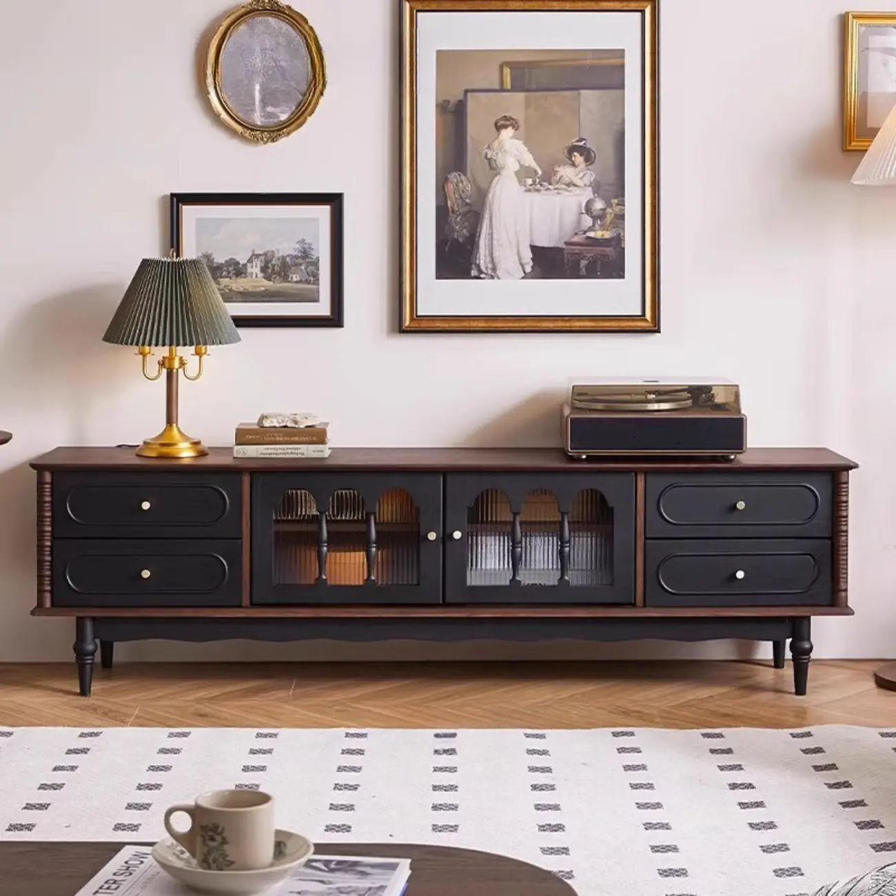 Cable Management Art Deco Wood TV Stand with Drawers Image - 1 | homeyfad