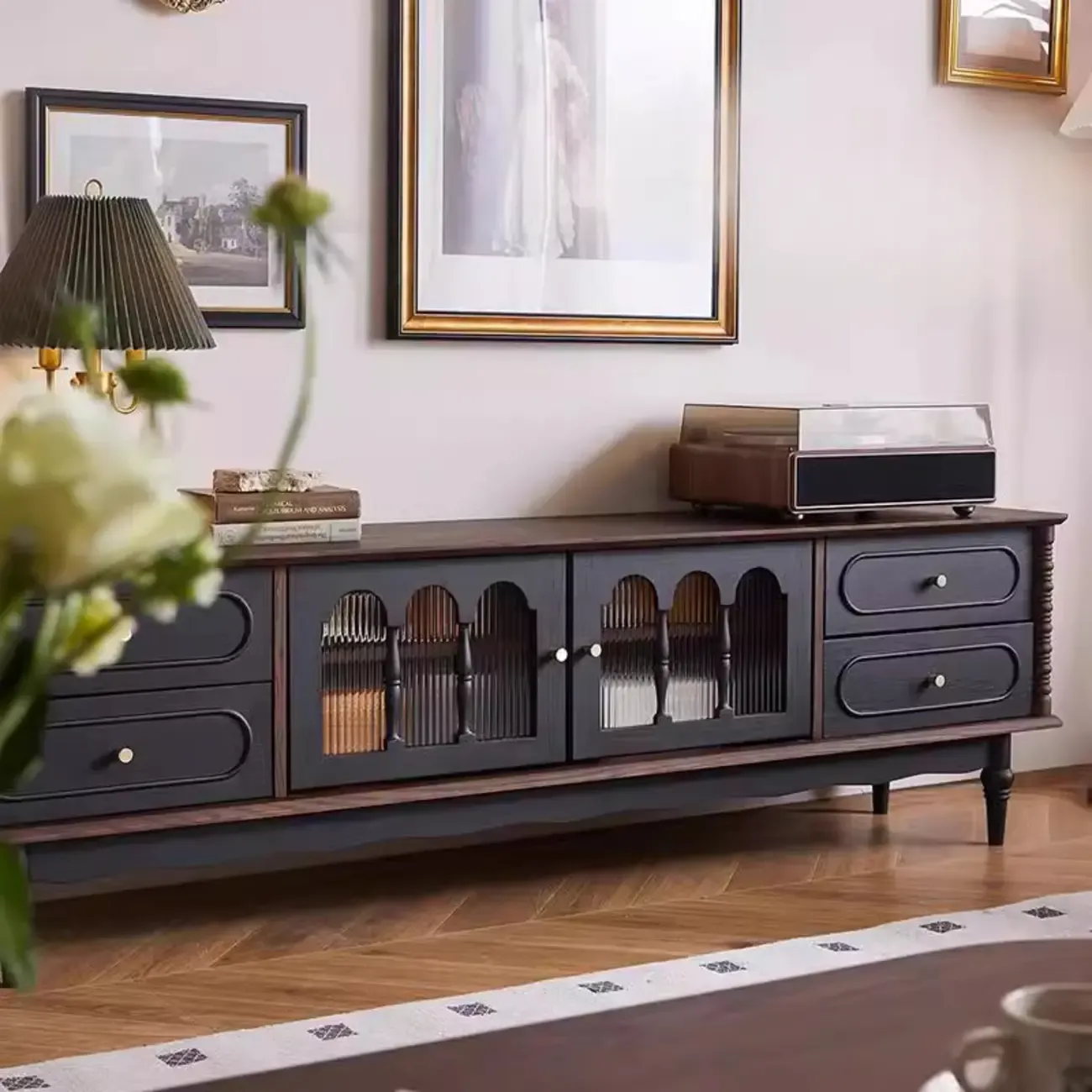 Cable Management Art Deco Wood TV Stand with Drawers Image - 3