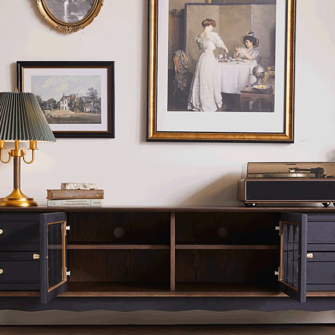 Cable Management Art Deco Wood TV Stand with Drawers Image - 5 | homeyfad