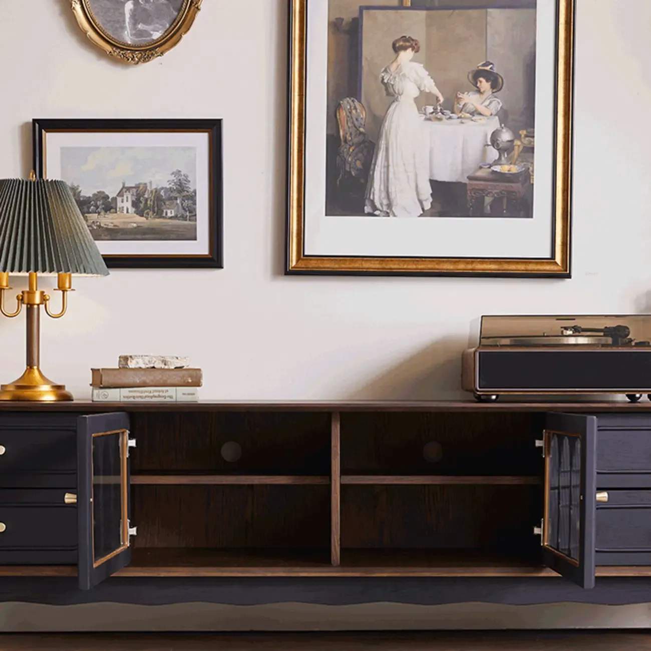 Cable Management Art Deco Wood TV Stand with Drawers Image - 5