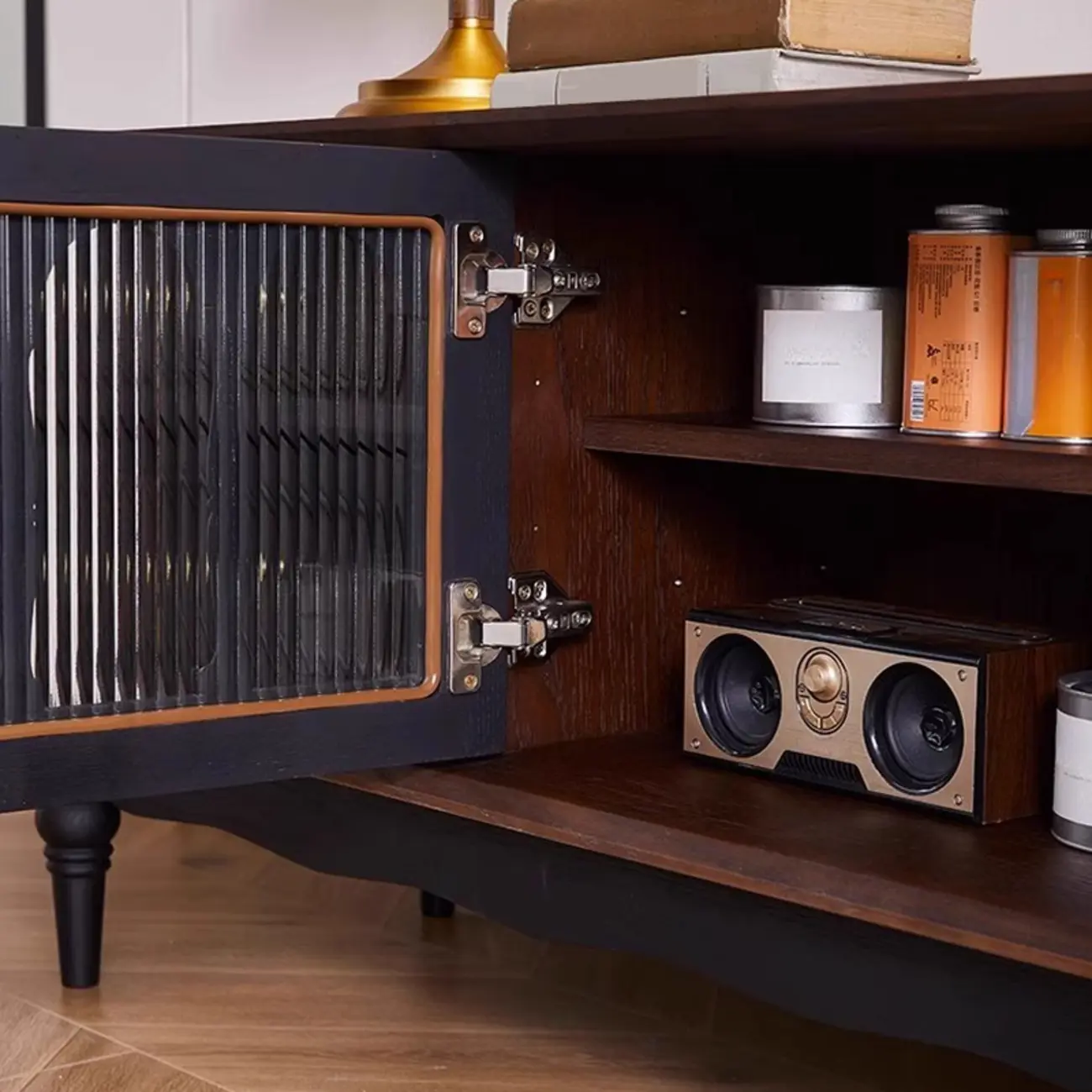 Cable Management Art Deco Wood TV Stand with Drawers Image - 7 | homeyfad