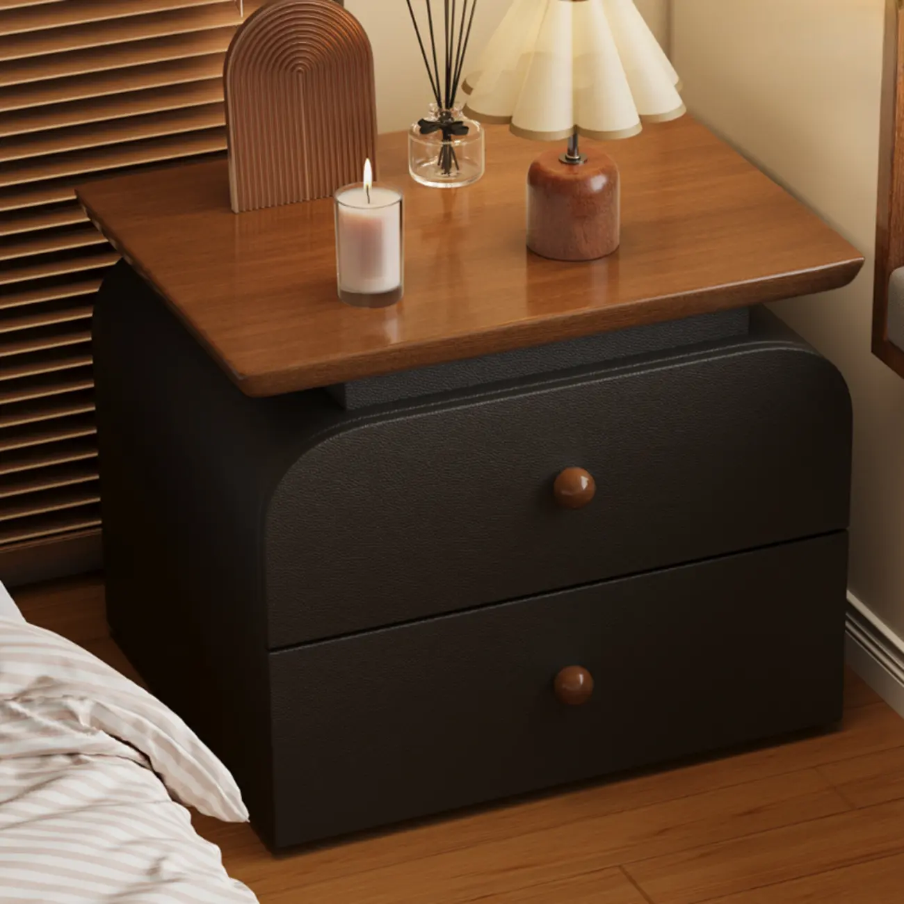 Faux Leather Modern Nightstand Wood Countertop Image - 2 | homeyfad