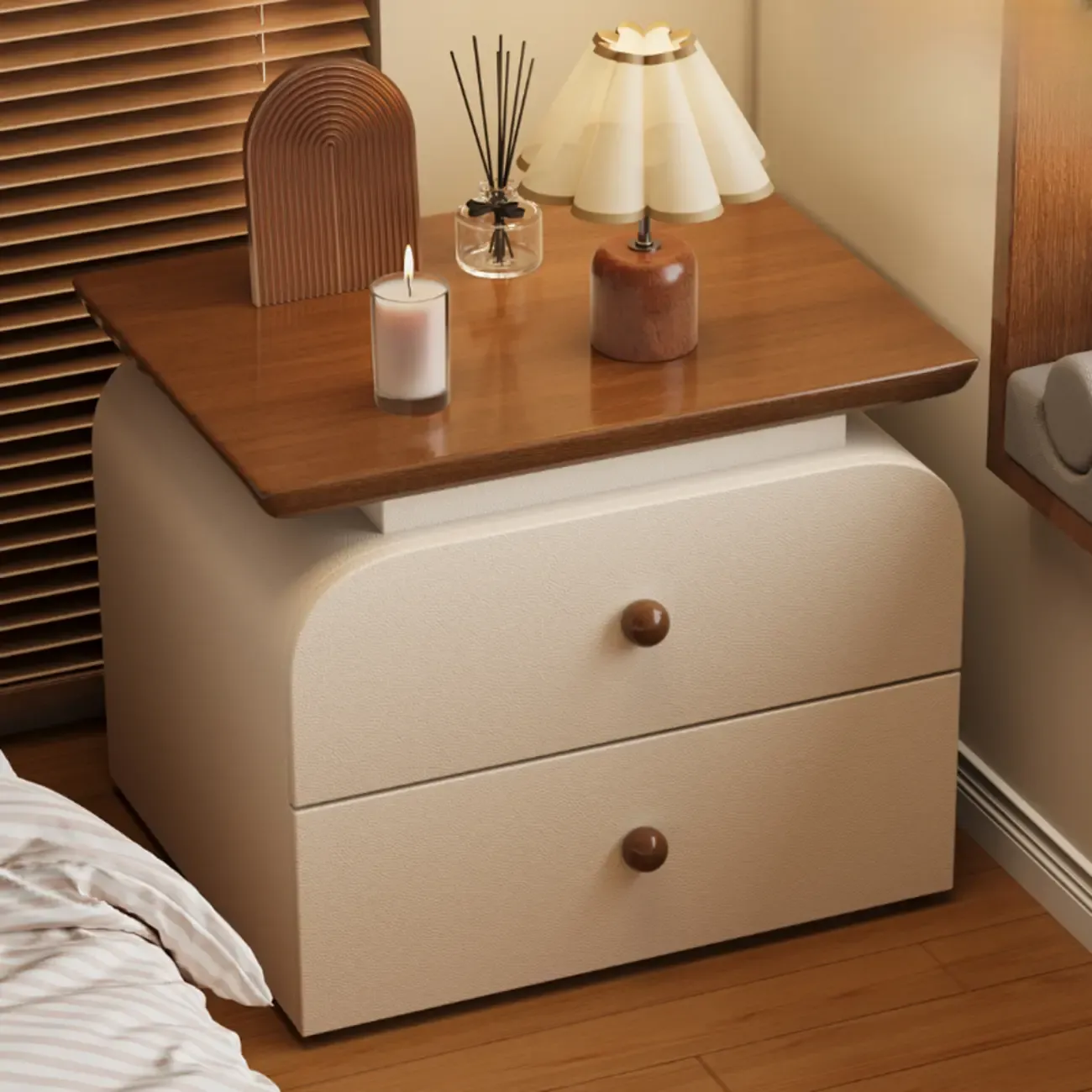 Faux Leather Modern Nightstand Wood Countertop Image - 3