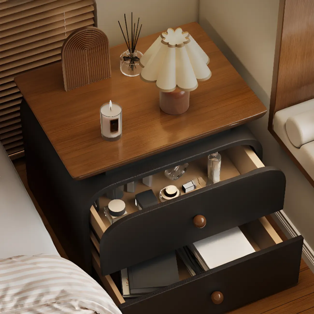 Faux Leather Modern Nightstand Wood Countertop Image - 4