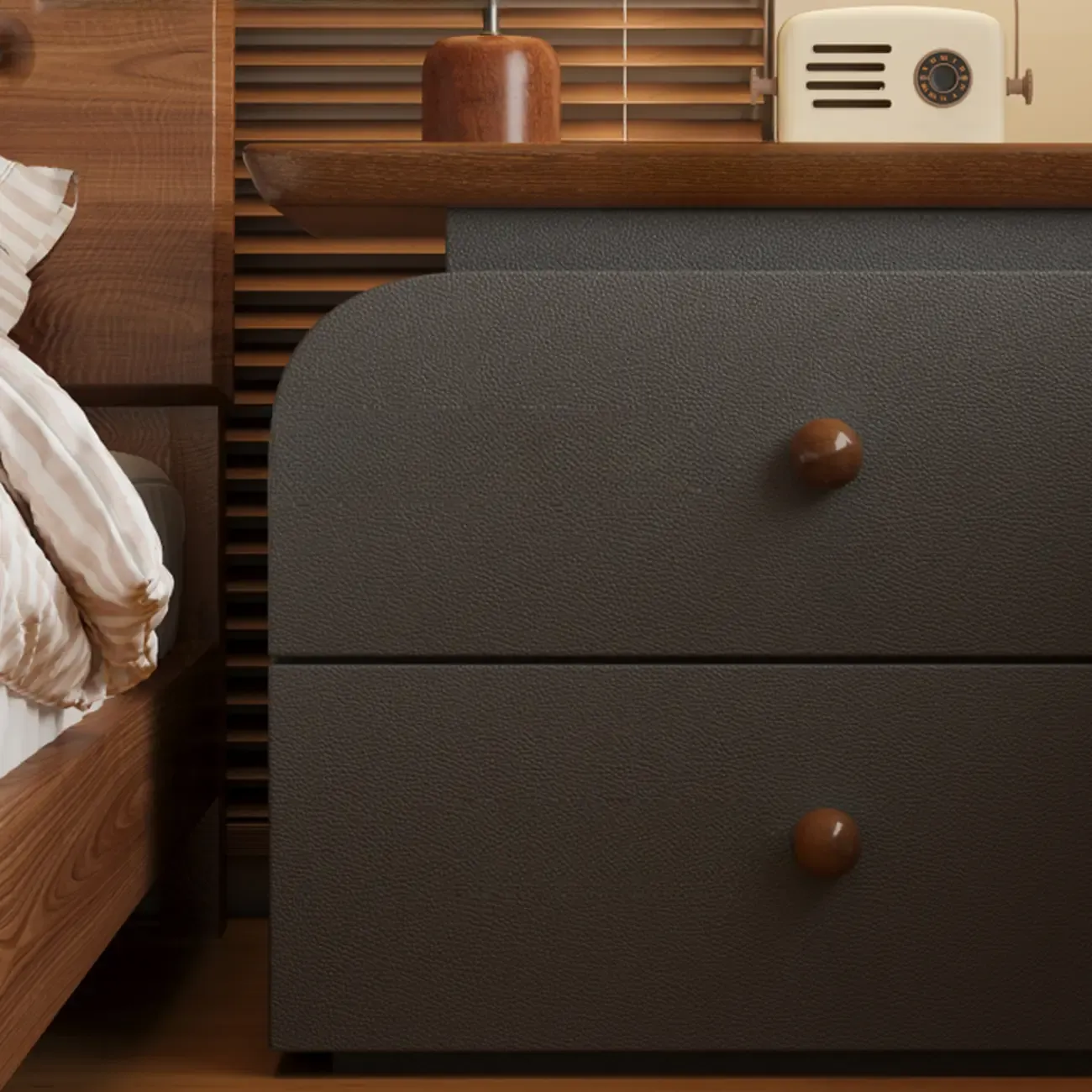 Faux Leather Modern Nightstand Wood Countertop Image - 6