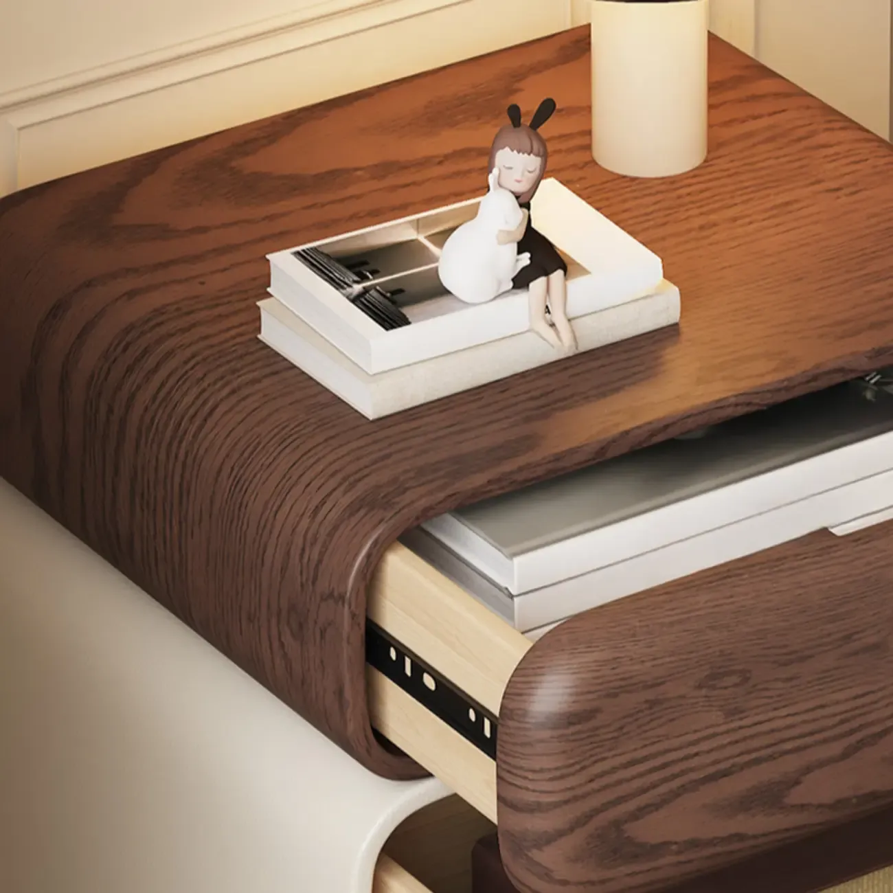 Modern Faux Leather Wood Nightstand Storage Image - 4
