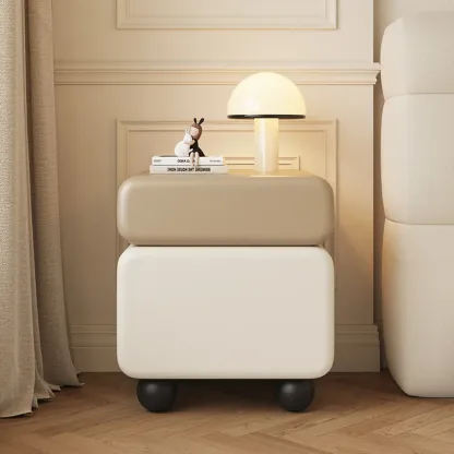 Modern Faux Leather Wood Nightstand Storage Image - 12