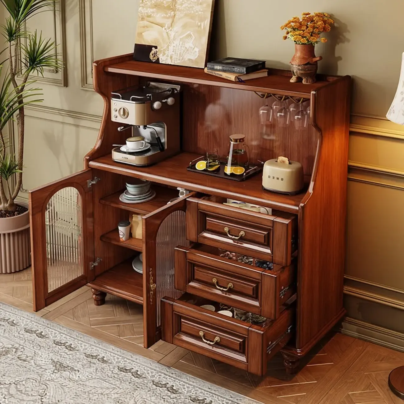 Modern Wood Kitchen Buffet with Shelves and Stemware Rack Image - 1