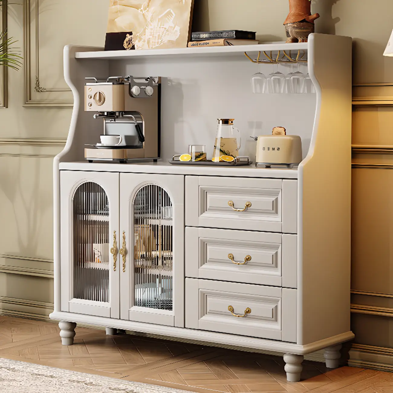 Modern Wood Kitchen Buffet with Shelves and Stemware Rack Image - 2 | homeyfad