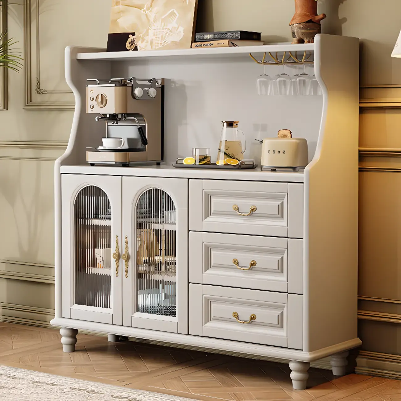 Modern Wood Kitchen Buffet with Shelves and Stemware Rack Image - 2