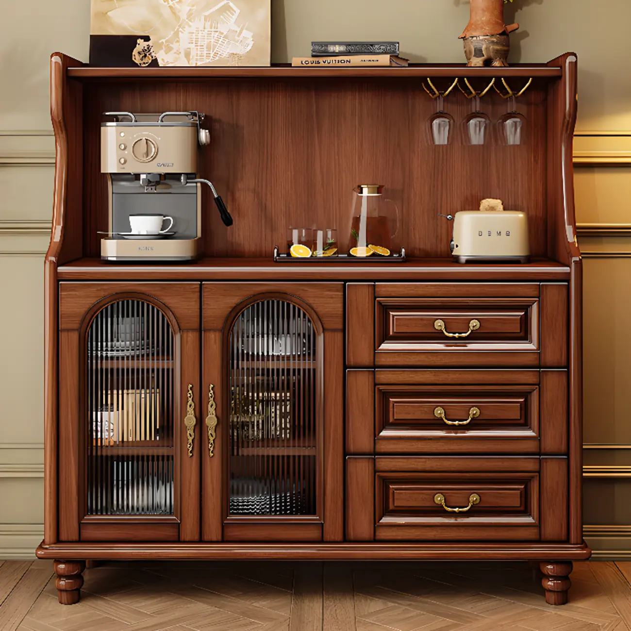 Modern Wood Kitchen Buffet with Shelves and Stemware Rack Image - 3 | homeyfad