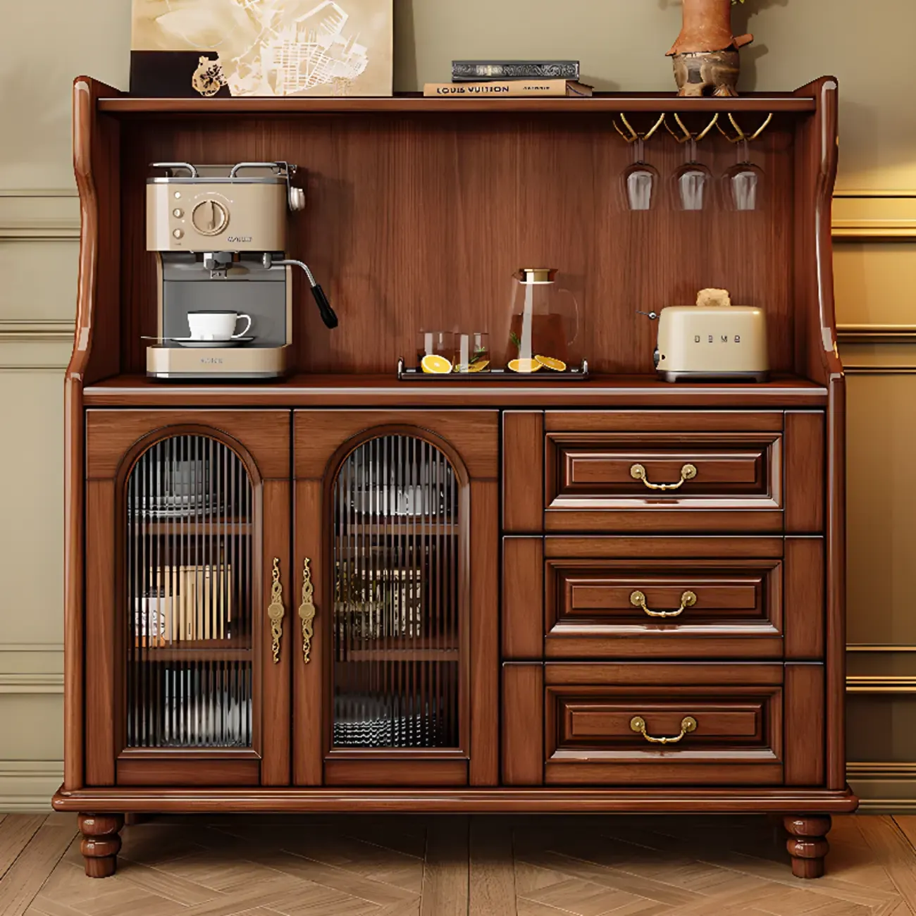 Modern Wood Kitchen Buffet with Shelves and Stemware Rack Image - 3