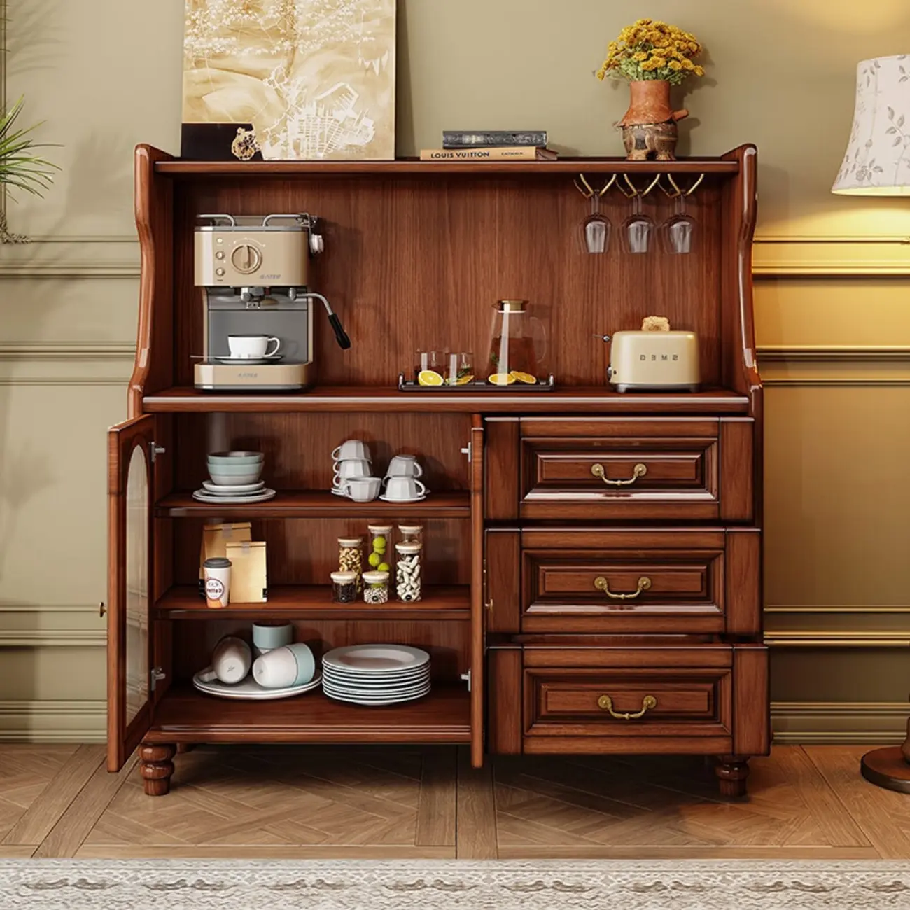 Modern Wood Kitchen Buffet with Shelves and Stemware Rack Image - 4 | homeyfad