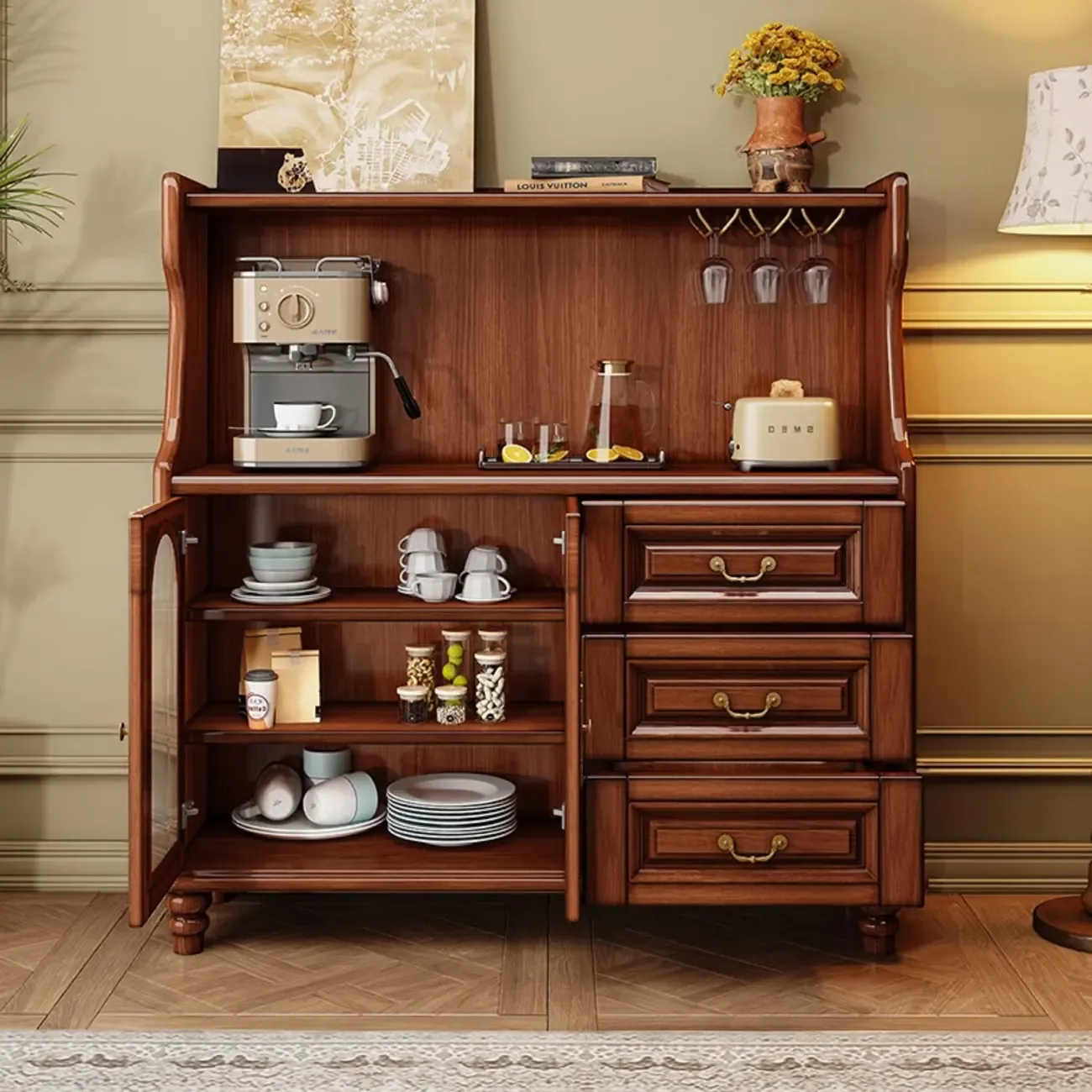 Modern Wood Kitchen Buffet with Shelves and Stemware Rack Image - 4