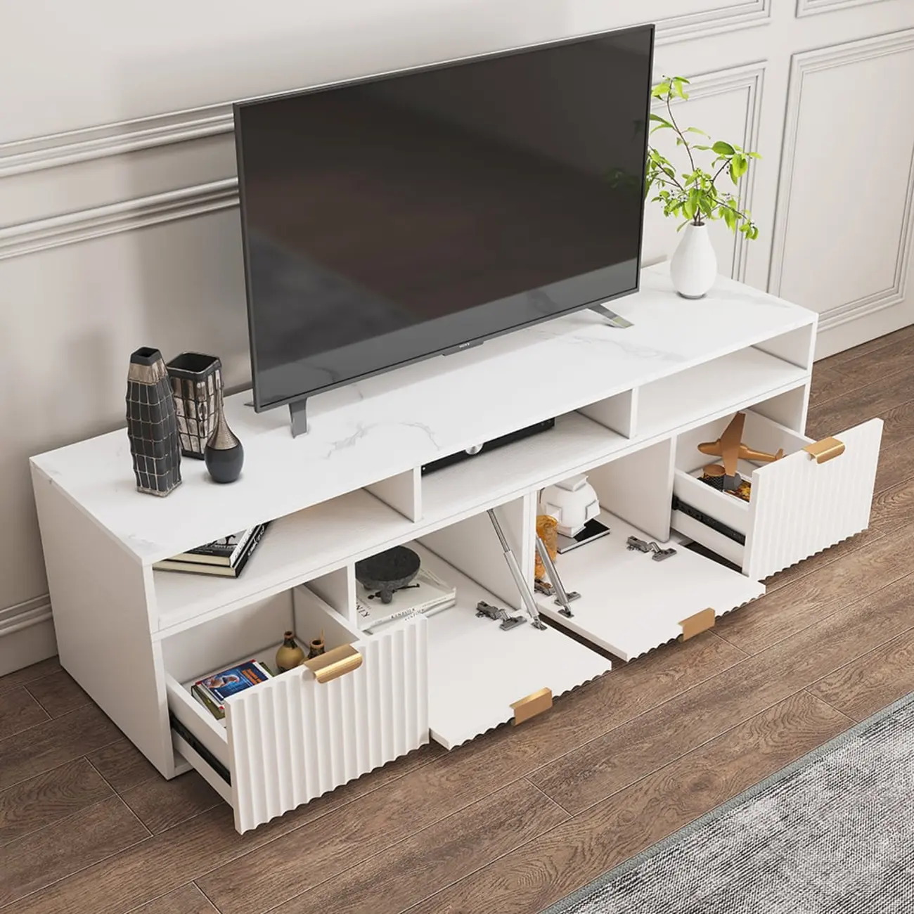 Modern White 2-Drawer Open Storage Corner TV Stand Image - 5 | homeyfad