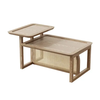 Coffee Table Set in Ash Wood and Rattan with Nesting Design Image - 7