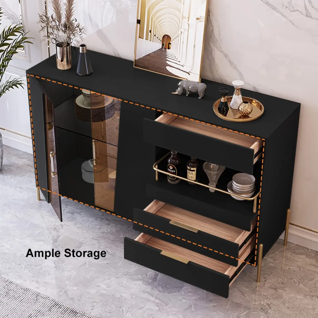 Modish Black Wooden Lighted Open Shelving Buffet Cabinet Image - 2 | homeyfad